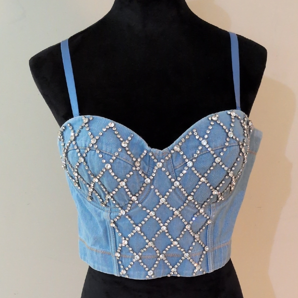 Say What? Light Blue Denim Crystal Bustier Cami